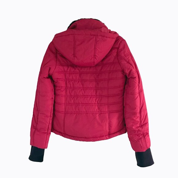 Red Quilted Puffer Jacket Sz S Black Fur Trim Floral Outdoor Winter Gorp Utility - Picture 2 of 14